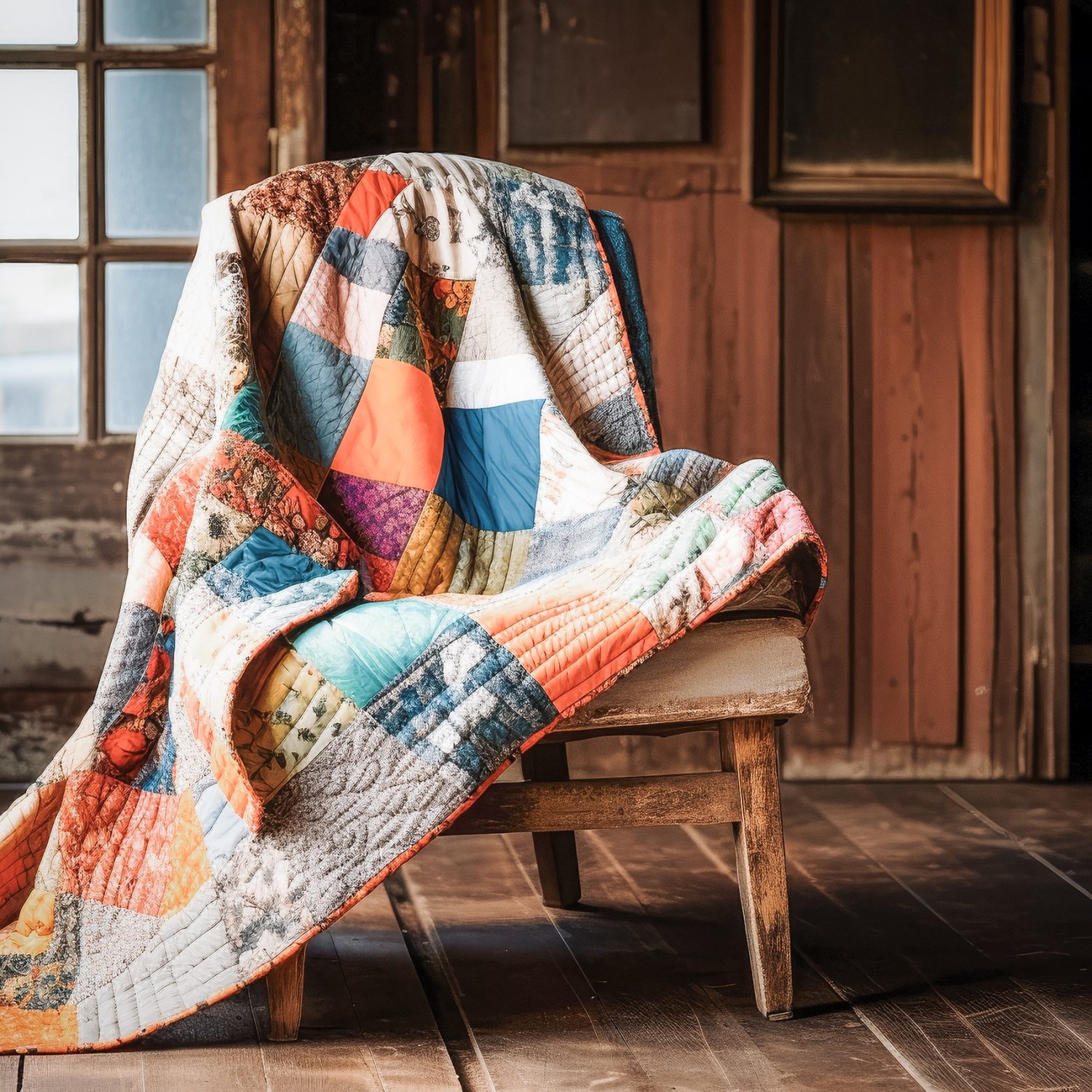 patchwork quilt draped over a wooden chair, created with generative ai